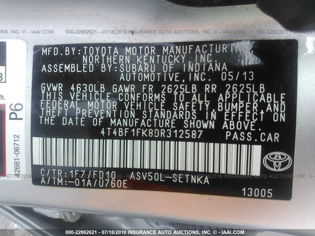 4T4BF1FK8DR312587 - 2013 TOYOTA CAMRY L/SE/LE/XLE 银色 照片 9