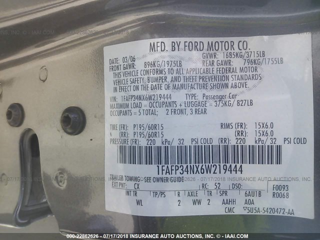 1FAFP34NX6W219444 - 2006 FORD FOCUS ZX4 GRAY photo 9