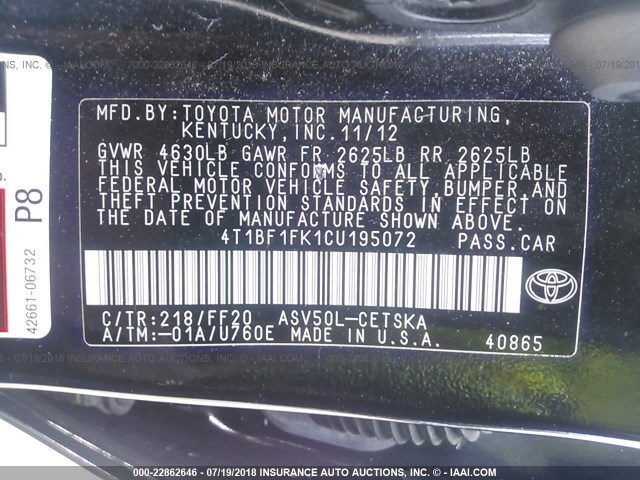 4T1BF1FK1CU195072 - 2012 TOYOTA CAMRY SE/LE/XLE BLACK photo 9