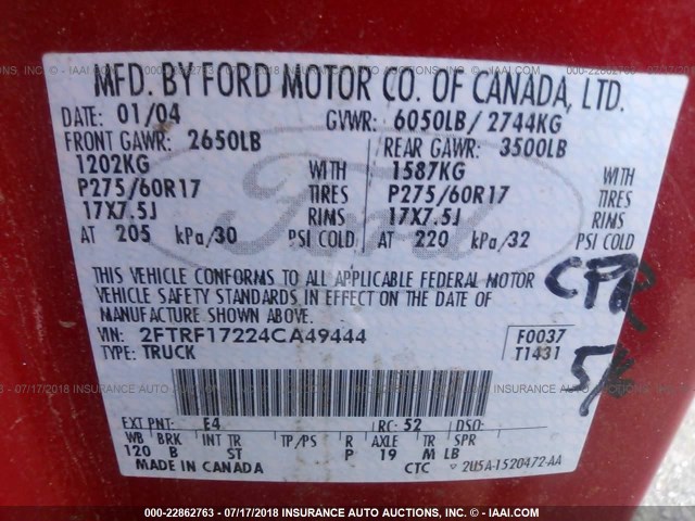 2FTRF17224CA49444 - 2004 FORD F-150 HERITAGE CLASSIC RED photo 9