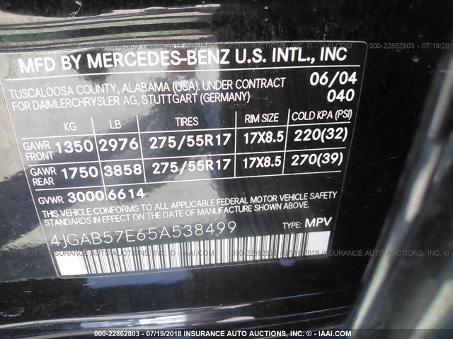 4JGAB57E65A538499 - 2005 MERCEDES-BENZ ML 350 BLACK photo 9