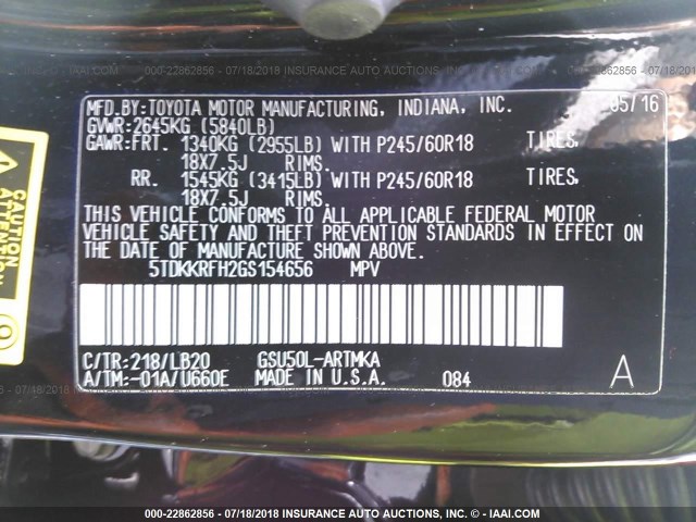 5TDKKRFH2GS154656 - 2016 TOYOTA HIGHLANDER XLE შავი ფოტო 9