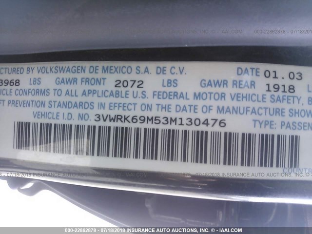 3VWRK69M53M130476 - 2003 VOLKSWAGEN JETTA GL BLACK photo 9