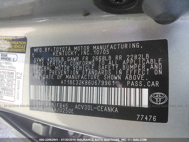 4T1BE32K86U679961 - 2006 TOYOTA CAMRY LE/XLE/SE Boz foto 9