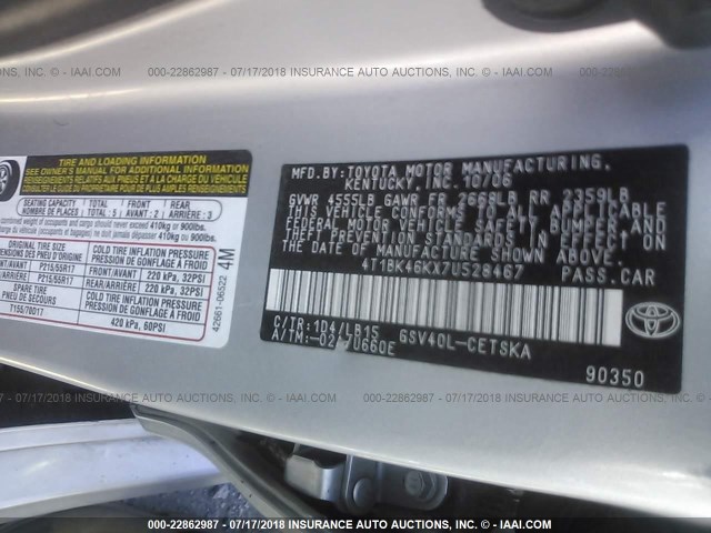 4T1BK46KX7U528467 - 2007 TOYOTA CAMRY NEW GENERAT LE/XLE/SE SILVER photo 9