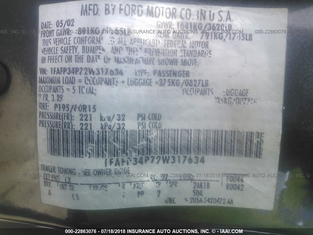 1FAFP34P72W317634 - 2002 FORD FOCUS SE/SE COMFORT GRAY photo 9