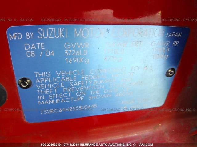 JS2RC61H255300645 - 2005 SUZUKI AERIO SX RED photo 9