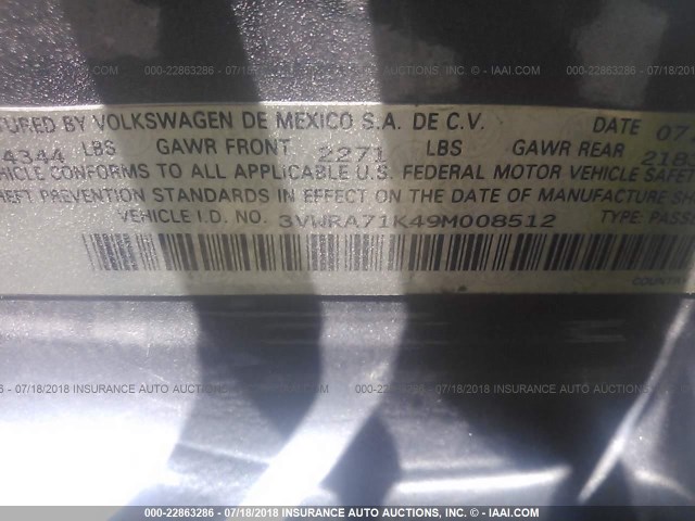 3VWRA71K49M008512 - 2009 VOLKSWAGEN JETTA WOLFSBURG 灰色 照片 9