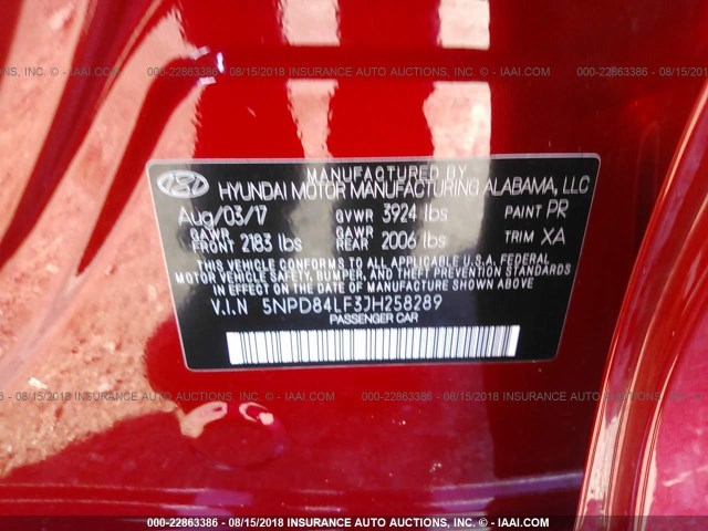 5NPD84LF3JH258289 - 2018 HYUNDAI ELANTRA SEL/VALUE/LIMITED RED photo 9