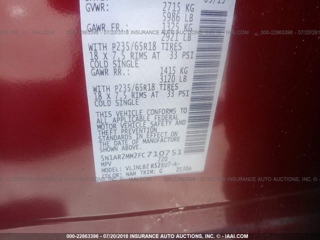 5N1AR2MM2FC710751 - 2015 NISSAN PATHFINDER S/SV/SL/PLATINUM 红色 照片 9