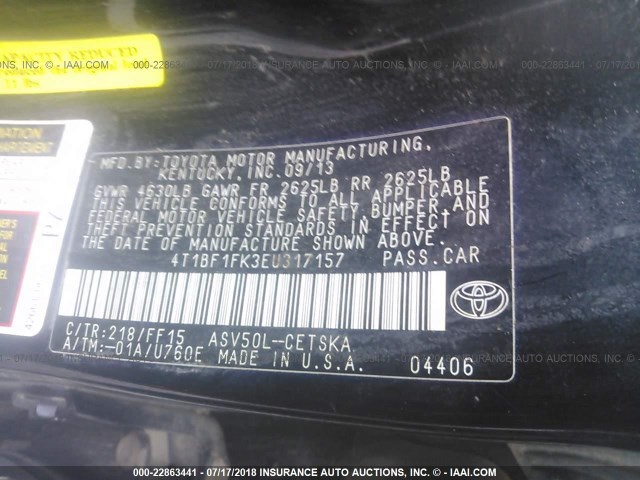 4T1BF1FK3EU317157 - 2014 TOYOTA CAMRY L/SE/LE/XLE შავი ფოტო 9