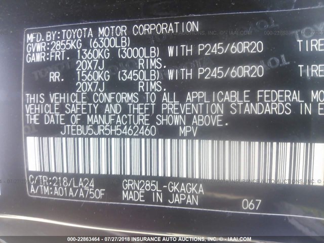 JTEBU5JR5H5462460 - 2017 TOYOTA 4RUNNER SR5 PREM/LTDL/TRAIL/TRD BLACK photo 9