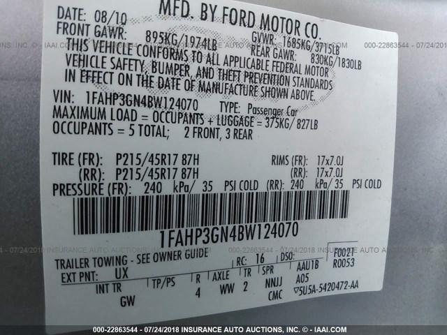 1FAHP3GN4BW124070 - 2011 FORD FOCUS SES SILVER photo 9