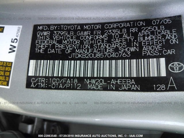 JTDKB20U857040763 - 2005 TOYOTA PRIUS SILVER photo 9