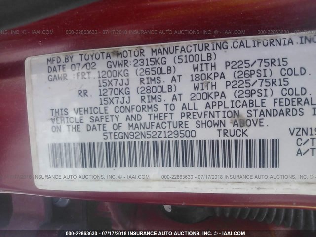 5TEGN92N52Z129500 - 2002 TOYOTA TACOMA DOUBLE CAB PRERUNNER RED photo 9