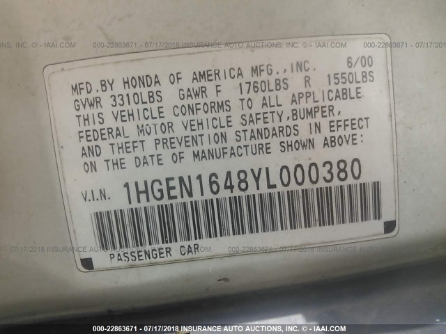 1HGEN1648YL000380 - 2000 HONDA CIVIC GX WHITE photo 9