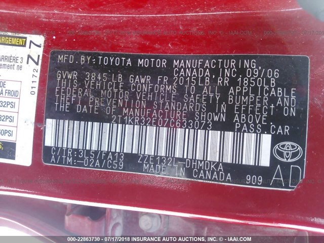 2T1KR32E07C633073 - 2007 TOYOTA COROLLA MATRIX XR RED photo 9