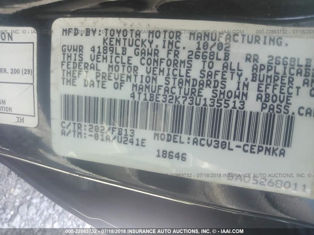 4T1BE32K73U135513 - 2003 TOYOTA CAMRY LE/XLE/SE Qara foto 9