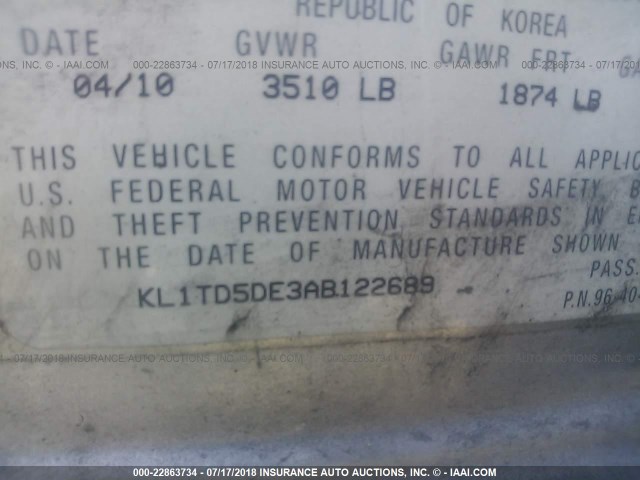 KL1TD5DE3AB122689 - 2010 CHEVROLET AVEO LS/LT 银色 照片 9