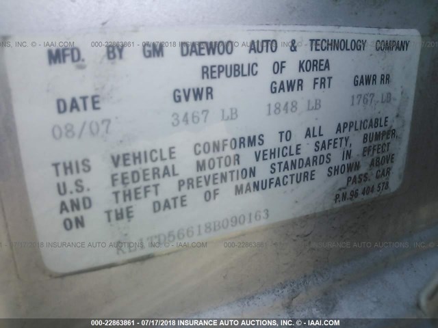 KL1TD56618B090163 - 2008 CHEVROLET AVEO LS SILVER photo 9