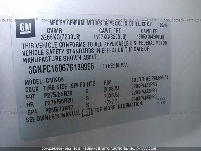 3GNFC16067G139996 - 2007 CHEVROLET SUBURBAN C1500 GRAY photo 9