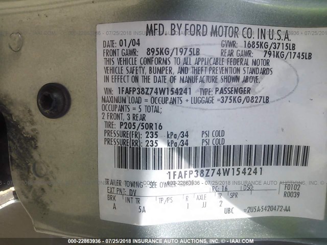 1FAFP38Z74W154241 - 2004 FORD FOCUS ZTS GREEN photo 9