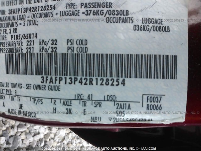 3FAFP13P42R128254 - 2002 FORD ESCORT MAROON photo 9