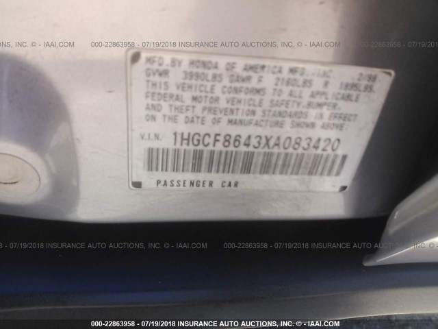 1HGCF8643XA083420 - 1999 HONDA ACCORD DX SILVER photo 9