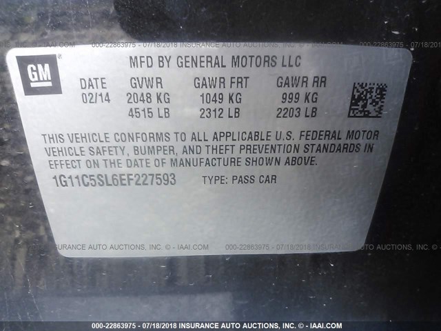 1G11C5SL6EF227593 - 2014 CHEVROLET MALIBU 1LT BLACK photo 9