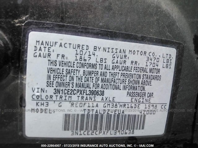 3N1CE2CPXFL390638 - 2015 NISSAN VERSA NOTE S/S PLUS/SV/SL/SR BLACK photo 9