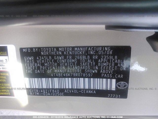 4T4BE46K79R078597 - 2009 TOYOTA CAMRY SE/LE/XLE 金色 照片 9