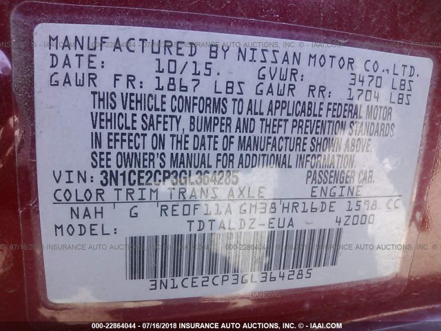 3N1CE2CP3GL364285 - 2016 NISSAN VERSA NOTE S/S PLUS/SV/SL/SR BURGUNDY photo 9