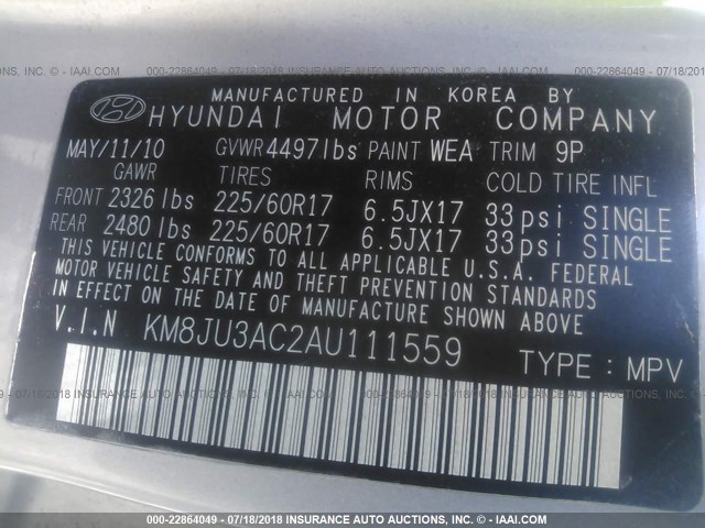 KM8JU3AC2AU111559 - 2010 HYUNDAI TUCSON GLS/LIMITED 银色 照片 9