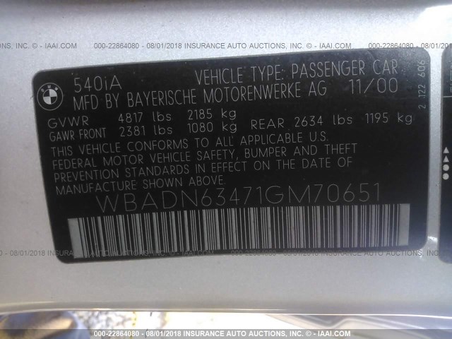 WBADN63471GM70651 - 2001 BMW 540 I AUTOMATIC SILVER photo 9