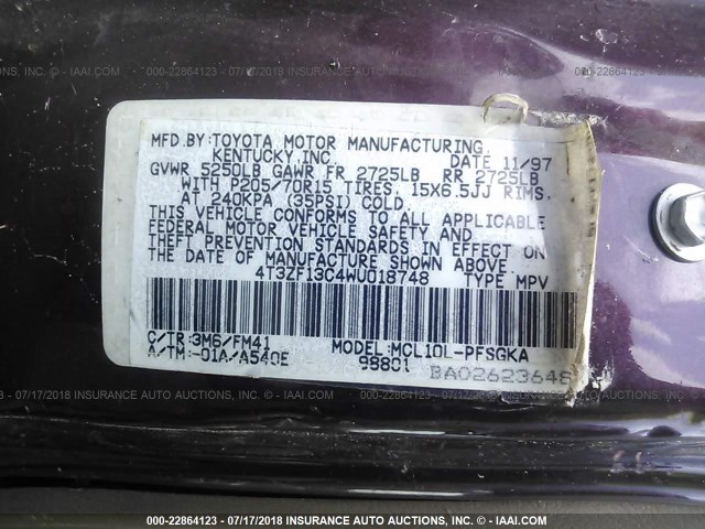 4T3ZF13C4WU018748 - 1998 TOYOTA SIENNA LE/XLE BURGUNDY photo 9