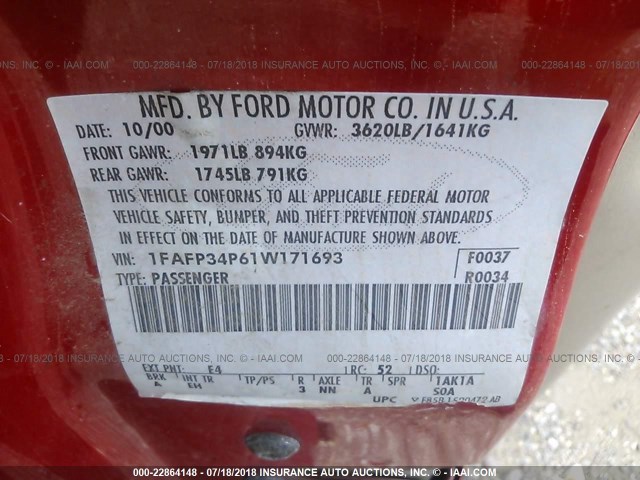 1FAFP34P61W171693 - 2001 FORD FOCUS SE/SE COMFORT RED photo 9