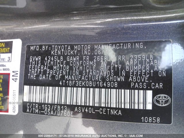 4T1BF3EK0BU164908 - 2011 TOYOTA CAMRY SE/LE/XLE 灰色 照片 9