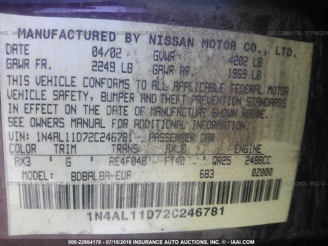 1N4AL11D72C246781 - 2002 NISSAN ALTIMA S/SL RED photo 9