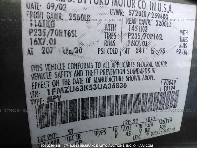 1FMZU63K53UA36836 - 2003 FORD EXPLORER XLT/XLT SPORT/NBX 绿色 照片 9