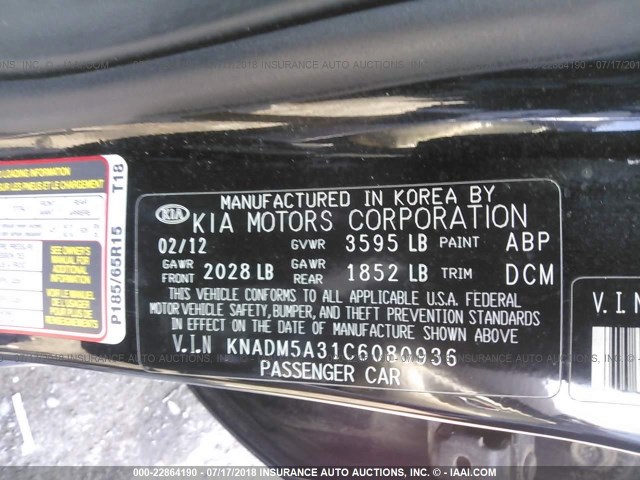 KNADM5A31C6080936 - 2012 KIA RIO LX BLACK photo 9