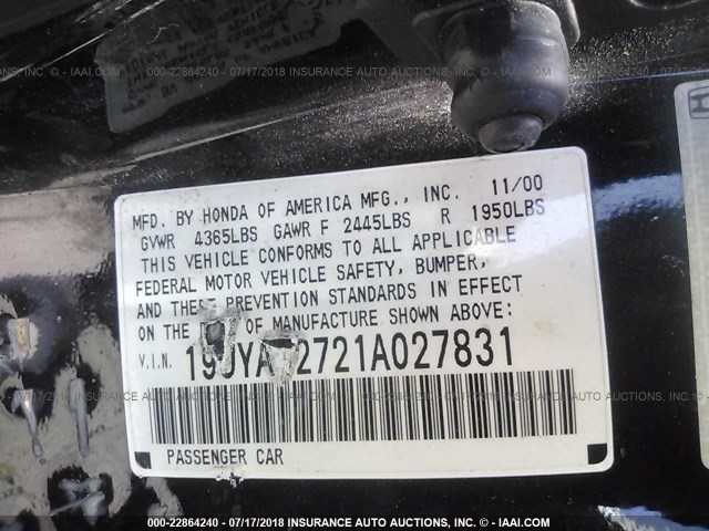 19UYA42721A027831 - 2001 ACURA 3.2CL TYPE-S BLACK photo 9