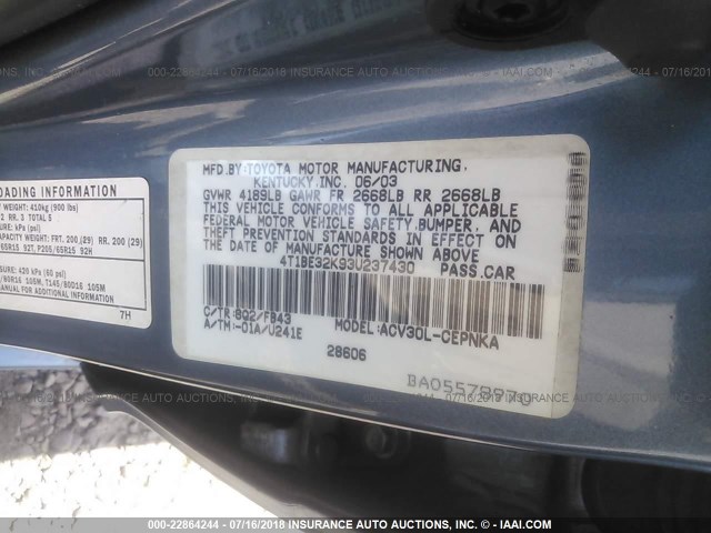 4T1BE32K93U237430 - 2003 TOYOTA CAMRY LE/XLE/SE ლურჯი ფოტო 9