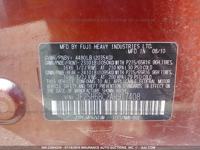 JF2SH6BC2AH917408 - 2010 SUBARU FORESTER XS Qırmızı foto 9