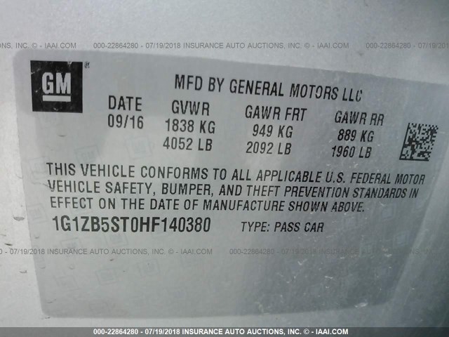 1G1ZB5ST0HF140380 - 2017 CHEVROLET MALIBU LS Gümüş foto 9