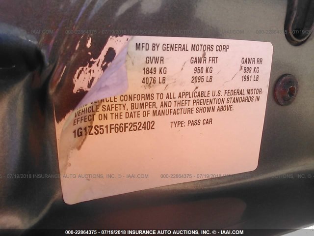 1G1ZS51F66F252402 - 2006 CHEVROLET MALIBU LS GRAY photo 9