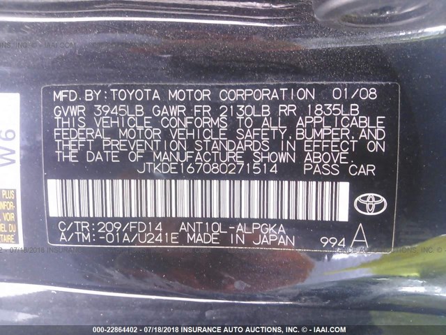 JTKDE167080271514 - 2008 TOYOTA SCION TC 黑色 照片 9