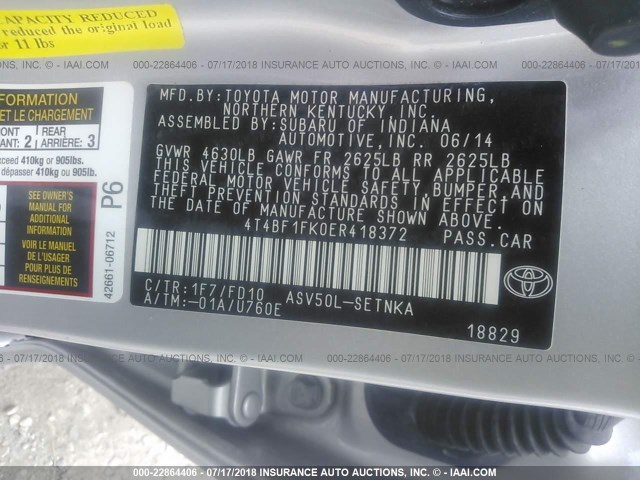 4T4BF1FK0ER418372 - 2014 TOYOTA CAMRY L/SE/LE/XLE SILVER photo 9