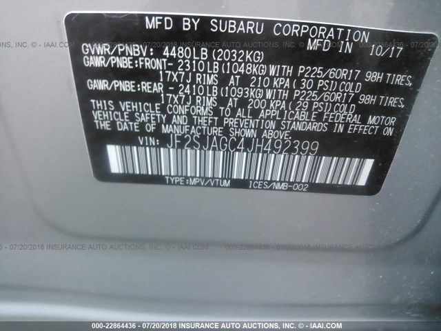 JF2SJAGC4JH492399 - 2018 SUBARU FORESTER 2.5I PREMIUM SILVER photo 9