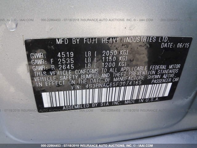 4S3BNAC65F3074165 - 2015 SUBARU LEGACY 2.5I PREMIUM GRAY photo 9