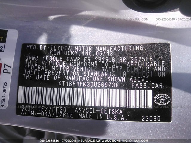 4T1BF1FK3DU269738 - 2013 TOYOTA CAMRY L/SE/LE/XLE Gümüş foto 9